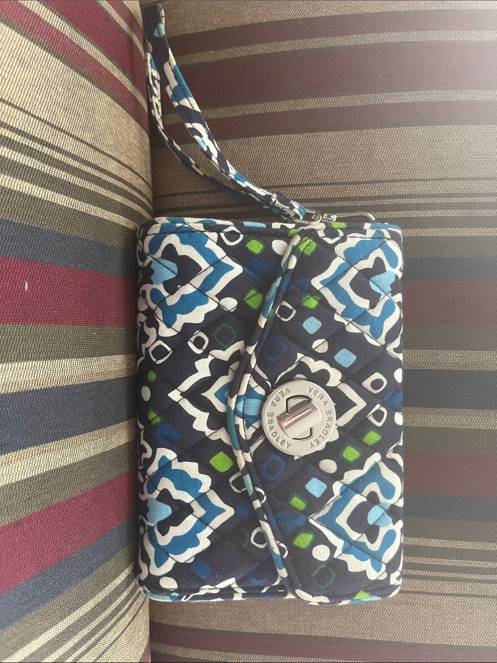 Vera Bradley Navy Blue Green Quilted Turn-Lock Wristlet
